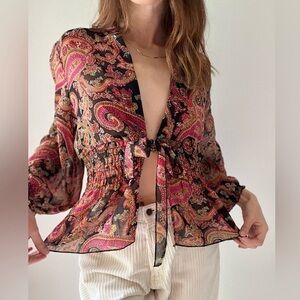 Y2K Coldwater Creek Tie Open Front Sheer Paisley Bubble Sleeve Blouse